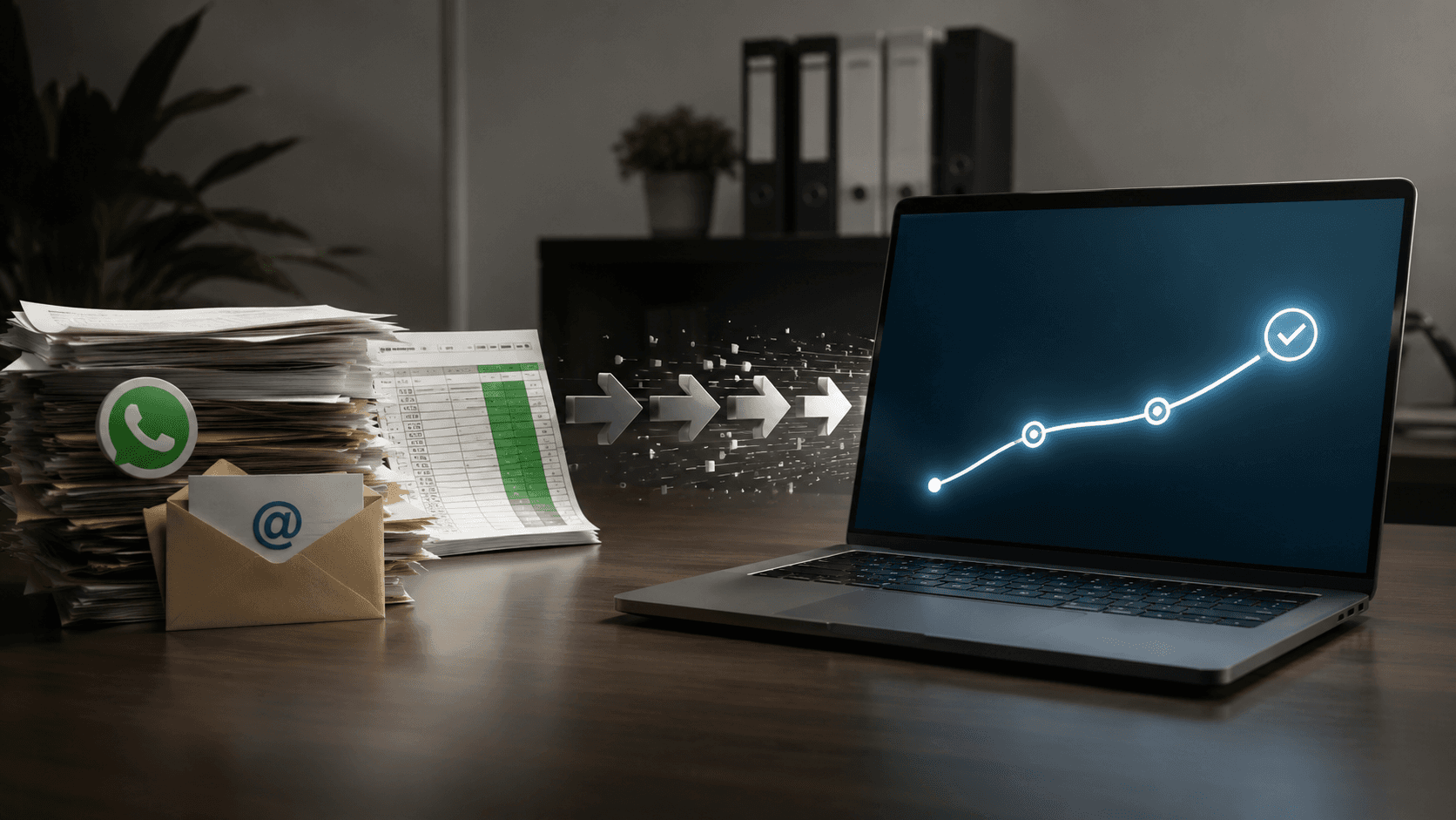 Ilustração realista em 3D de uma mesa de escritório corporativa. À esquerda, há uma pilha de documentos, uma planilha impressa, um envelope representando e-mail e um ícone de aplicativo de mensagens, simbolizando pedidos recebidos manualmente por diferentes canais. No centro, setas indicam uma transição gradual para um processo digital. À direita, um notebook exibe um fluxo organizado com uma linha de progresso crescente e um símbolo de confirmação, representando a digitalização estruturada dos pedidos. O ambiente é profissional, com iluminação suave, móveis de escritório ao fundo e sem pessoas na cena.