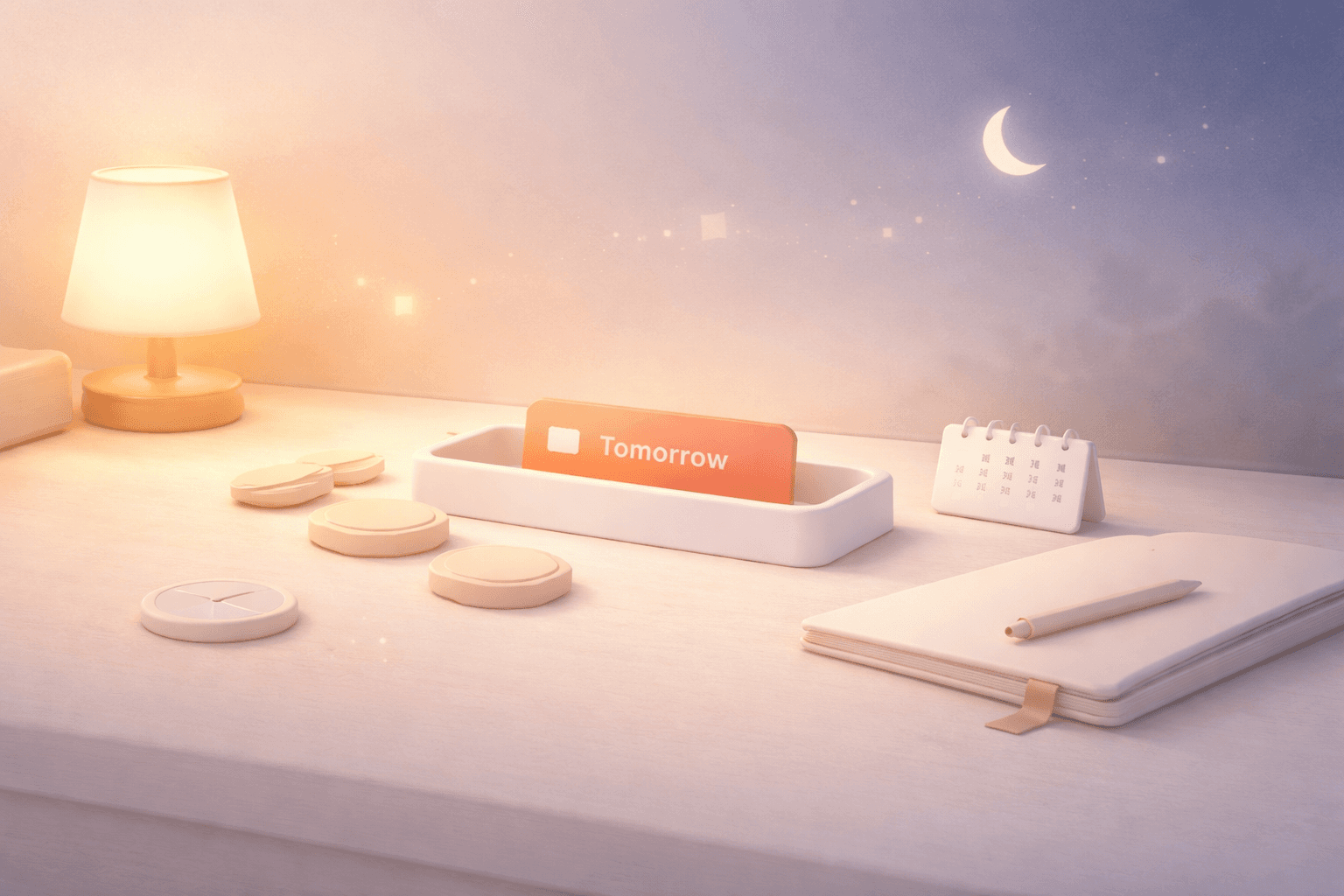 Minimalistische 3D-Illustration einer ruhigen Abendroutine auf einem Schreibtisch: Eine korallorangefarbene Aufgabenkarte liegt in einem „Morgen“-Slot, umgeben von hellen Aufgabenelementen, einem kleinen Kalender und einem geschlossenen Notizbuch mit Stift. Im Hintergrund sorgt warmes Lampenlicht für eine weiche Atmosphäre, die in eine nächtliche Szene mit Mondsymbol übergeht.