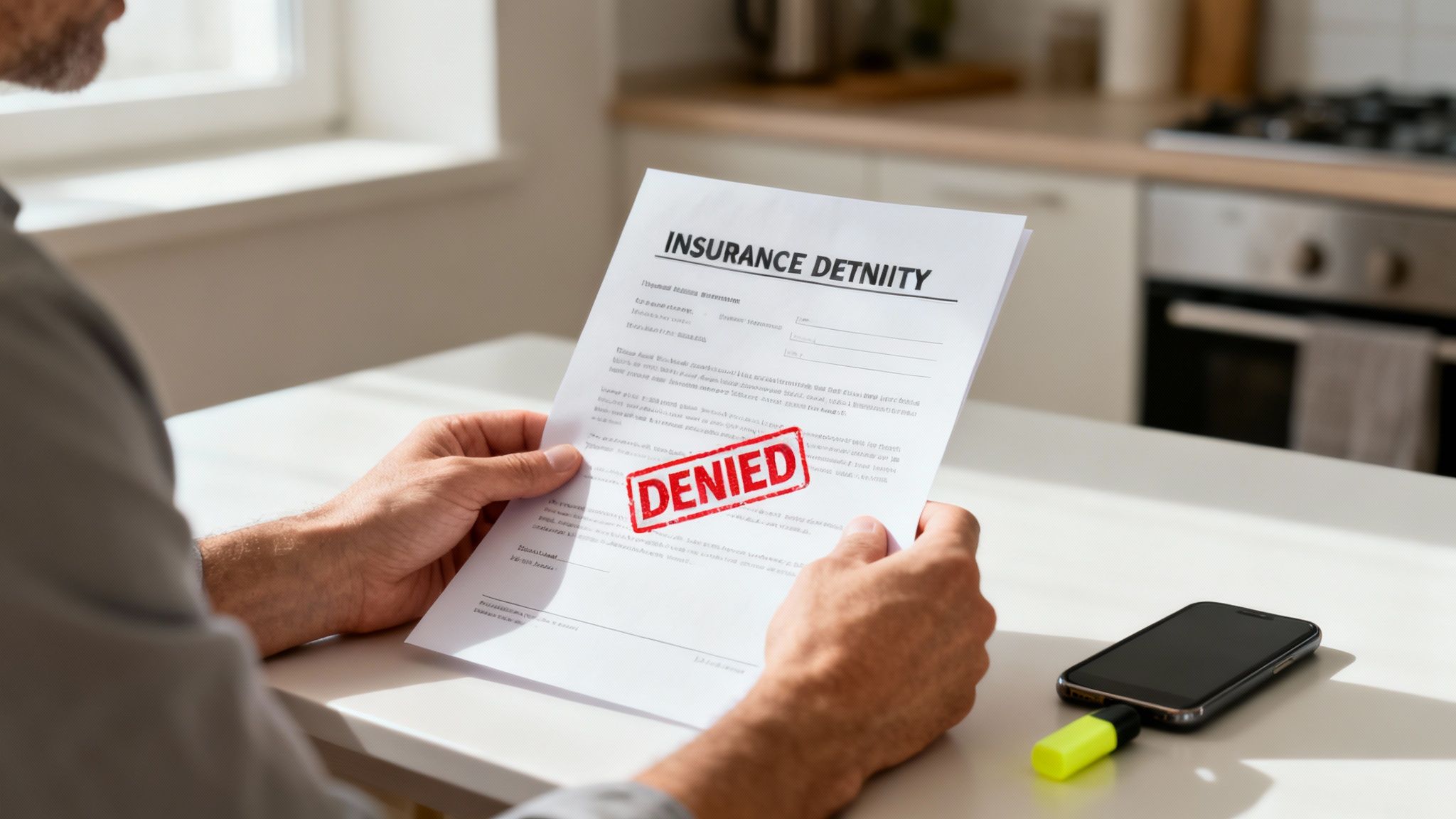 Close-up of a person's hands holding a document with 'INSURANCE DETNIITY' and a 'DENIED' stamp.