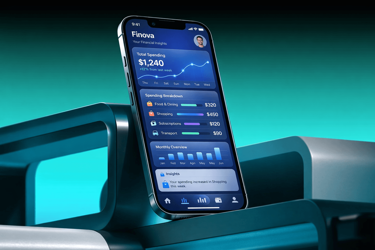 Finova finance app on iPhone showing spending tracker.