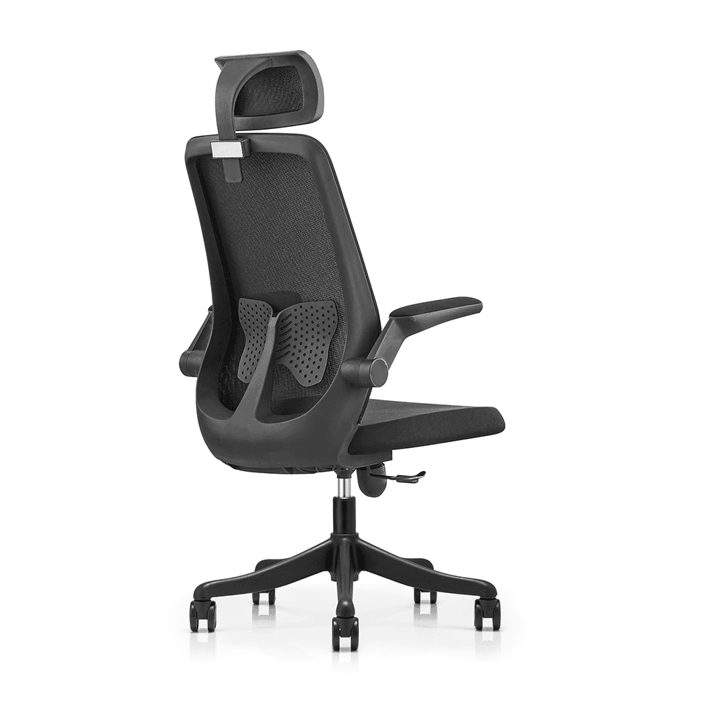 Profile view of a black high-back office chair showing the ergonomic S-curve of the mesh backrest and the sleek adjustable armrests.