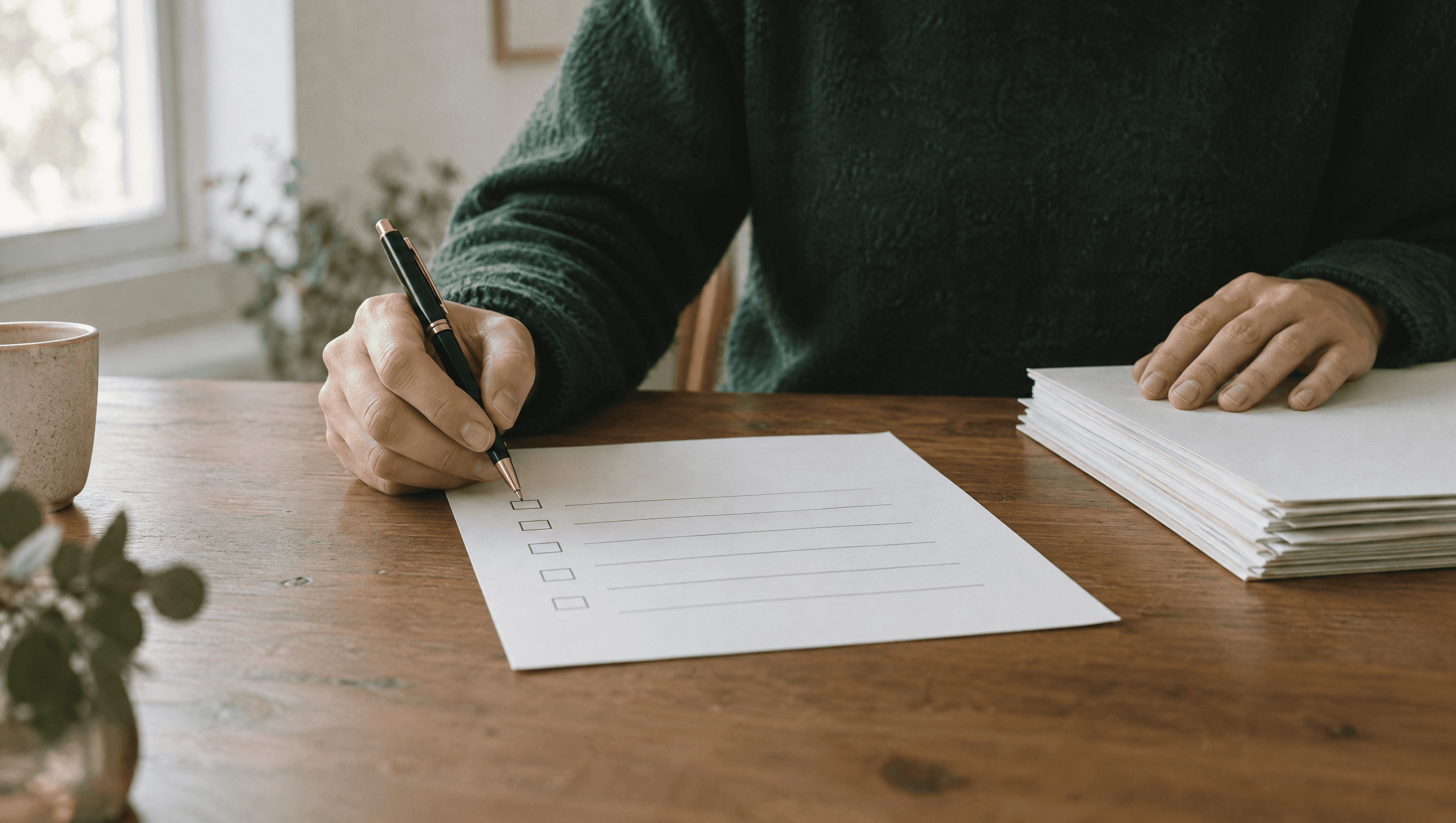 Hand with a pen about to tick a box on a printed checklist next to a stack of papers