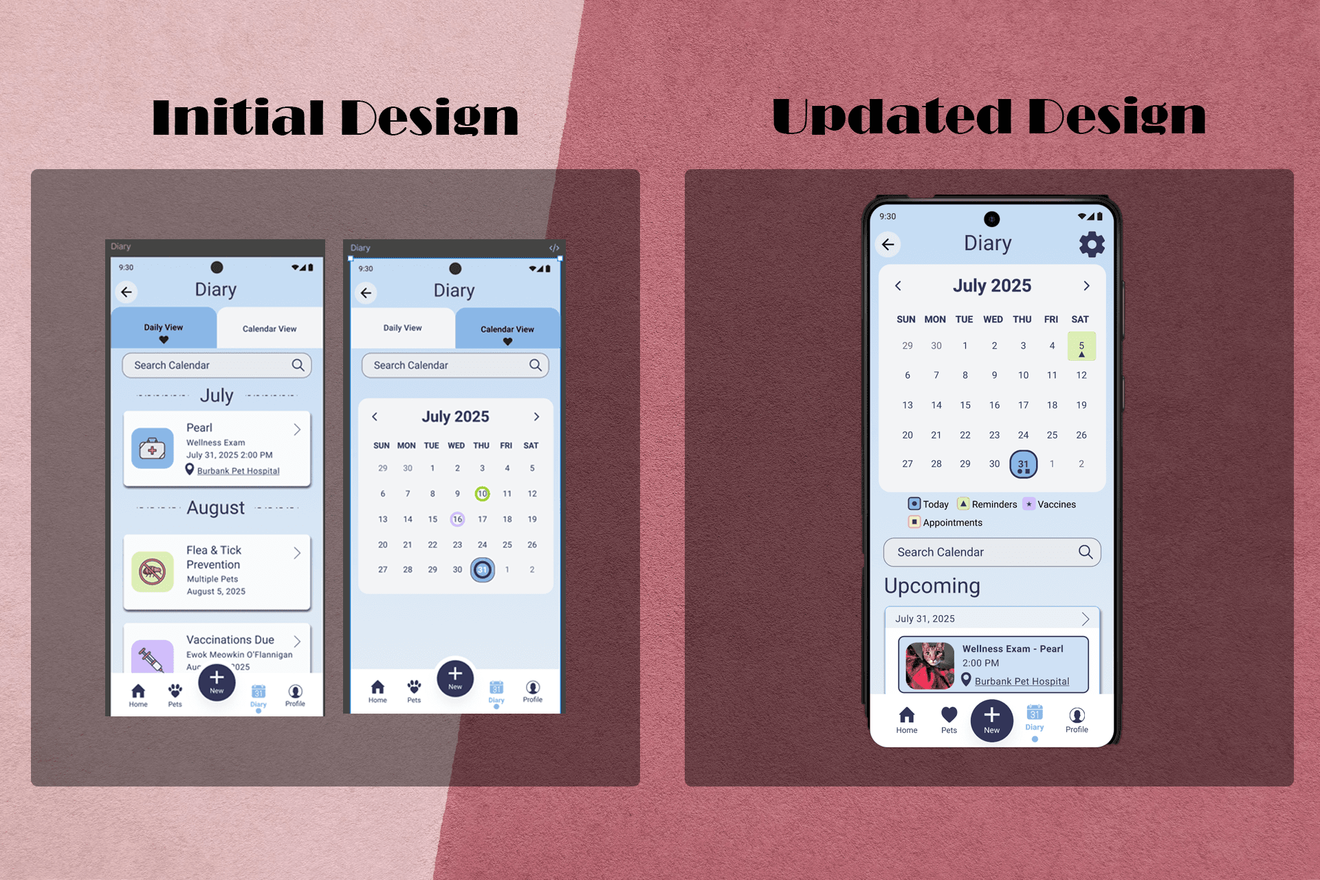 Screenshots of the calendar page from the PawMigo prototype. The left shows initial design options and the right shows the updated design