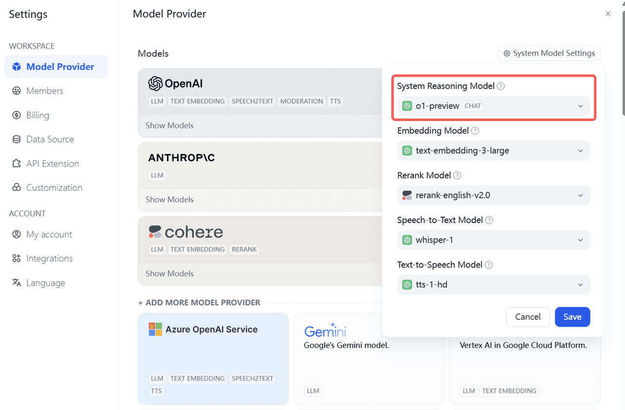 Select system default models in Dify