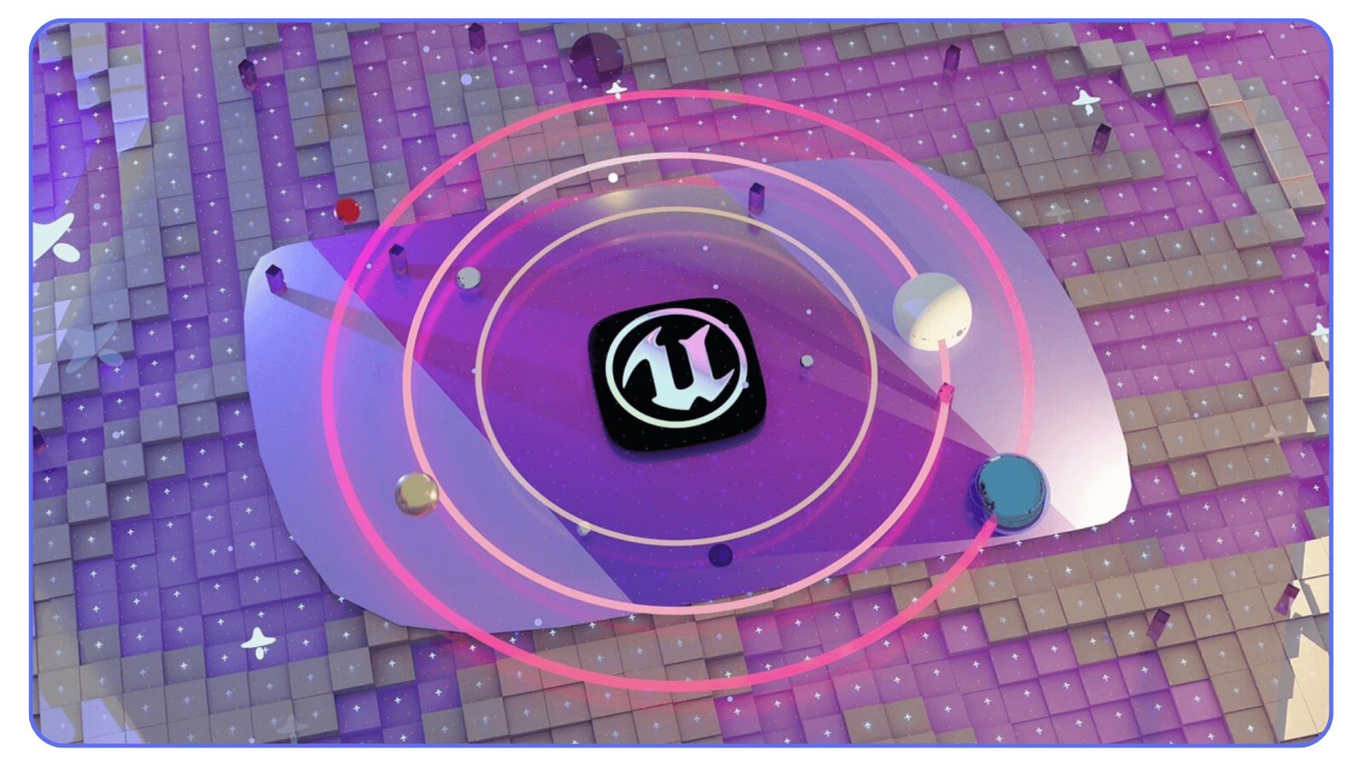 A stylized 3D digital artwork featuring the Unreal Engine logo at the center of a futuristic, grid-like landscape. The logo is surrounded by glowing pink orbital rings and small planet-like spheres, all set against a purple and blue environment made of cube tiles, symbolizing creativity and digital world-building in Unreal Engine.