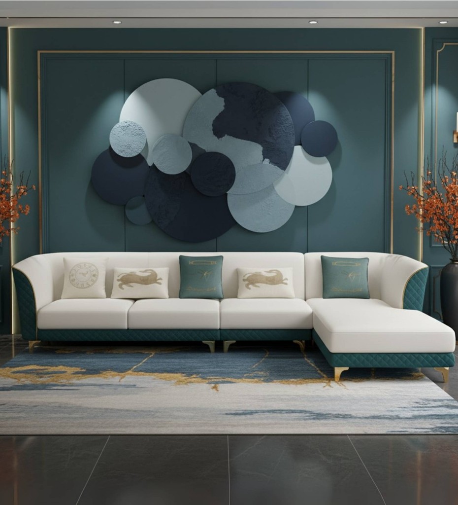 Luxury contemporary cane sofa with teal upholstery and wooden frame