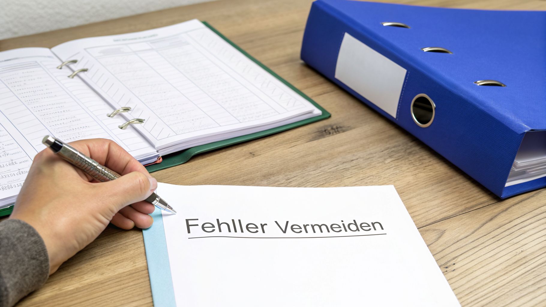 Hand schreibt auf einem Dokument 'Fehler Vermeiden', daneben ein geöffneter Organizer und blauer Ordner auf Holztisch.