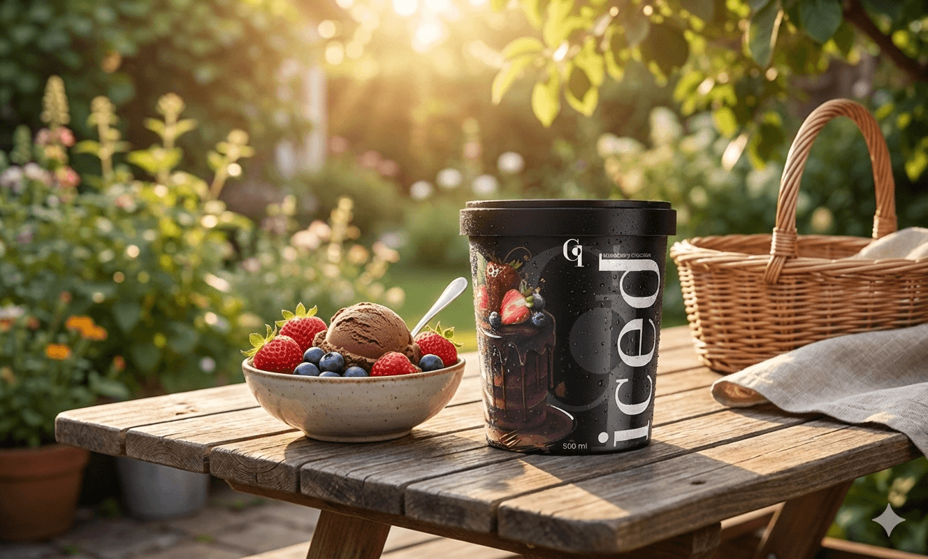 ICED ice cream package on a picnic table