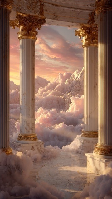 Majestic marble columns in a dreamlike cloudscape during a vibrant sunset.