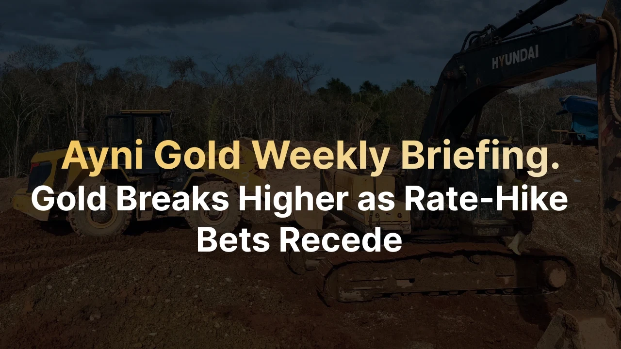 Ayni Gold Weekly Briefing โ Gold Breaks Higher as Rate-Hike Bets Recede, with mining equipment in the background.
