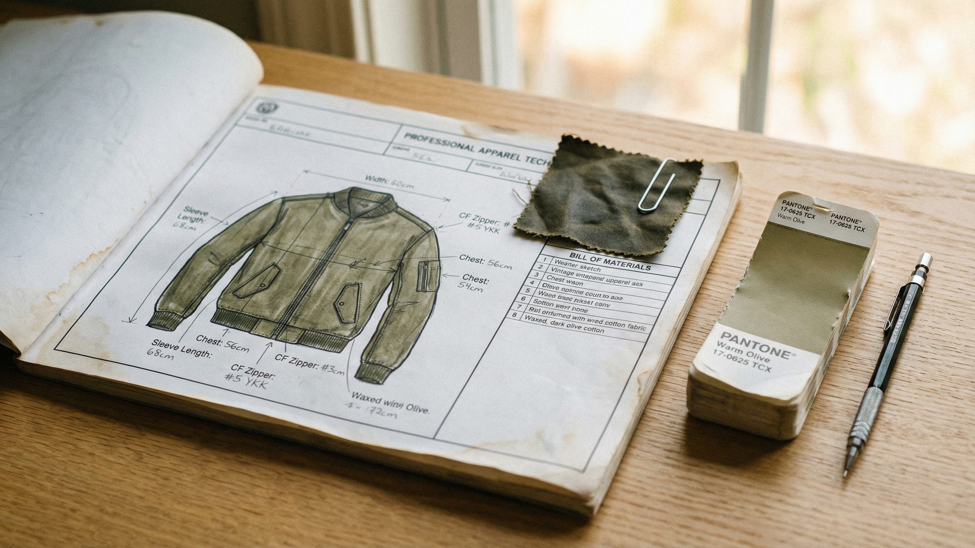 A professional apparel tech pack spread on a light oak desk, showing a detailed flat sketch of a bomber jacket with hand-written measurement annotations, a bill of materials list, and a small swatch of olive green waxed cotton fabric clipped to the corner, with a Pantone warm olive swatch book open nearby.