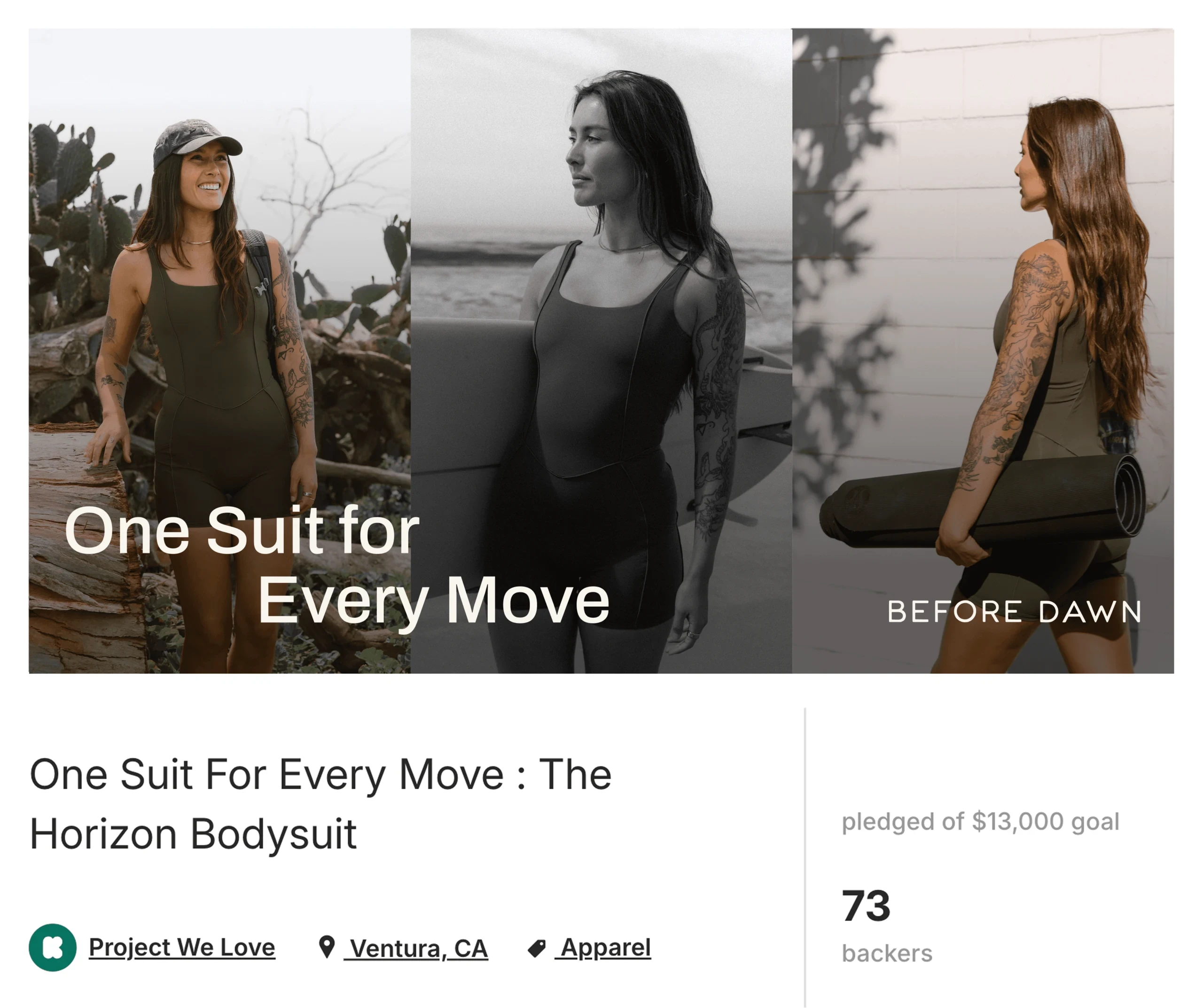 Before Dawn campaign graphic reading ‘One Suit for Every Move — The Horizon Bodysuit’