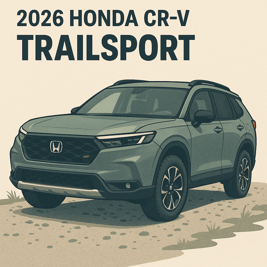A three-quarter front angle of the 2026 CR-V TrailSport in Ash Green Metallic parked on a gravel road. Emphasize the new wheel design and silver skid plate accent.