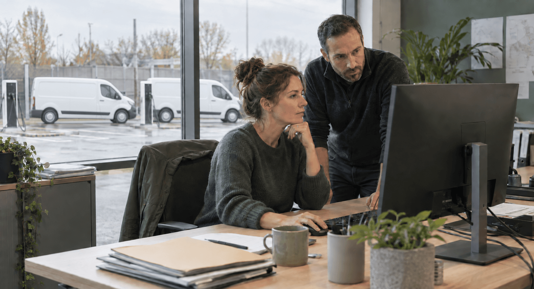 Zwei Mitarbeitende besprechen Informationen am Bildschirm in einem Büro mit Blick auf elektrische Transporter.