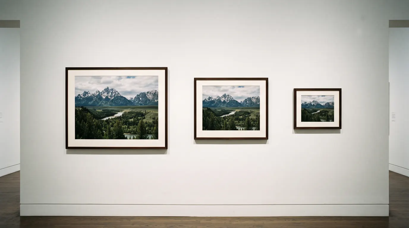 The same landscape photograph hung at three sizes on a white gallery wall