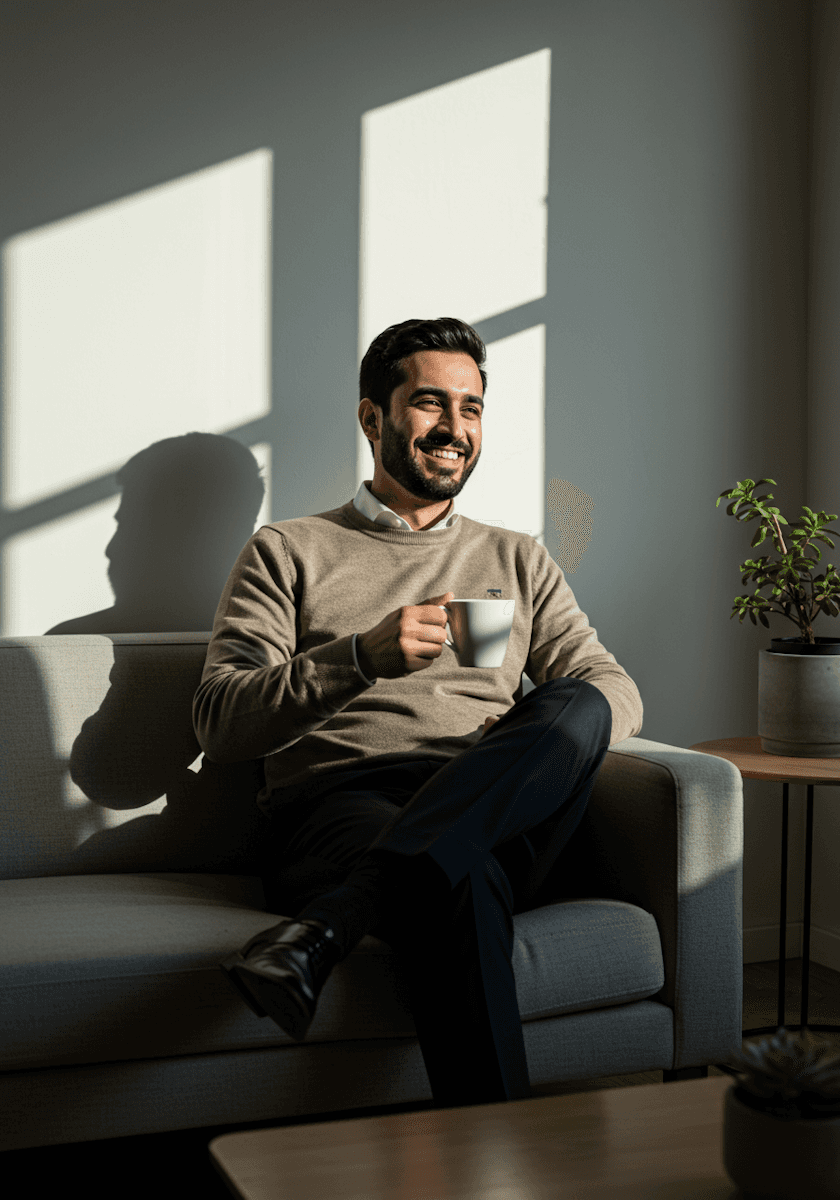 Young professional smiling confidently in natural light, representing social media presence.