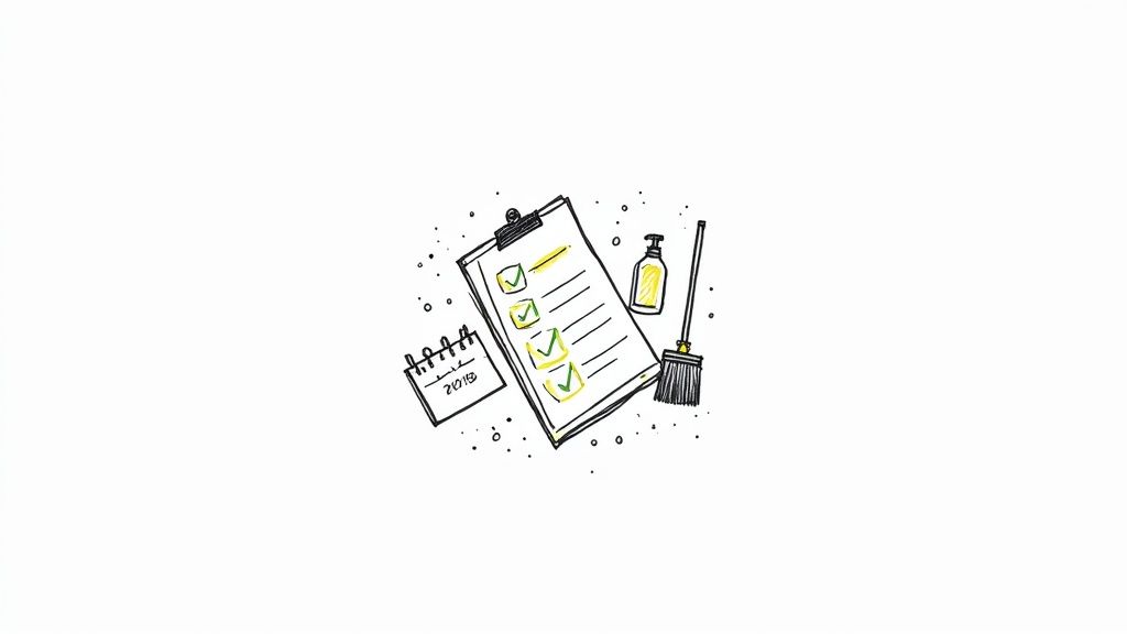 Clipboard with yellow checkmarks, calendar, cleaning spray, and broom for host organization tasks