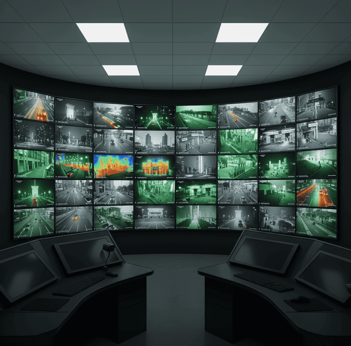 Large LED video wall displaying multiple data feeds in a modern control room