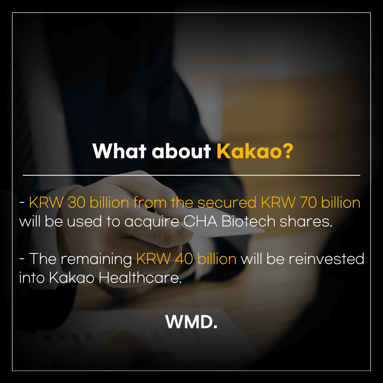 WMD (We Make Deal) card image with a business hand gesture and the title “What about Kakao?” describing Kakao’s acquisition of Cha Biotech shares and its reinvestment plan.