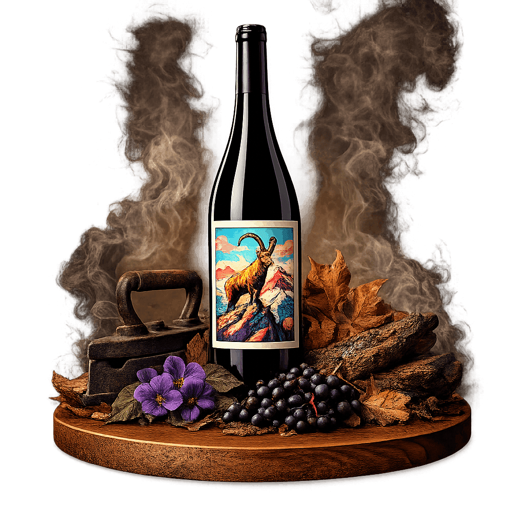 Artistic label and flavor profile for Valais Humagne Rouge on a rustic wooden table.