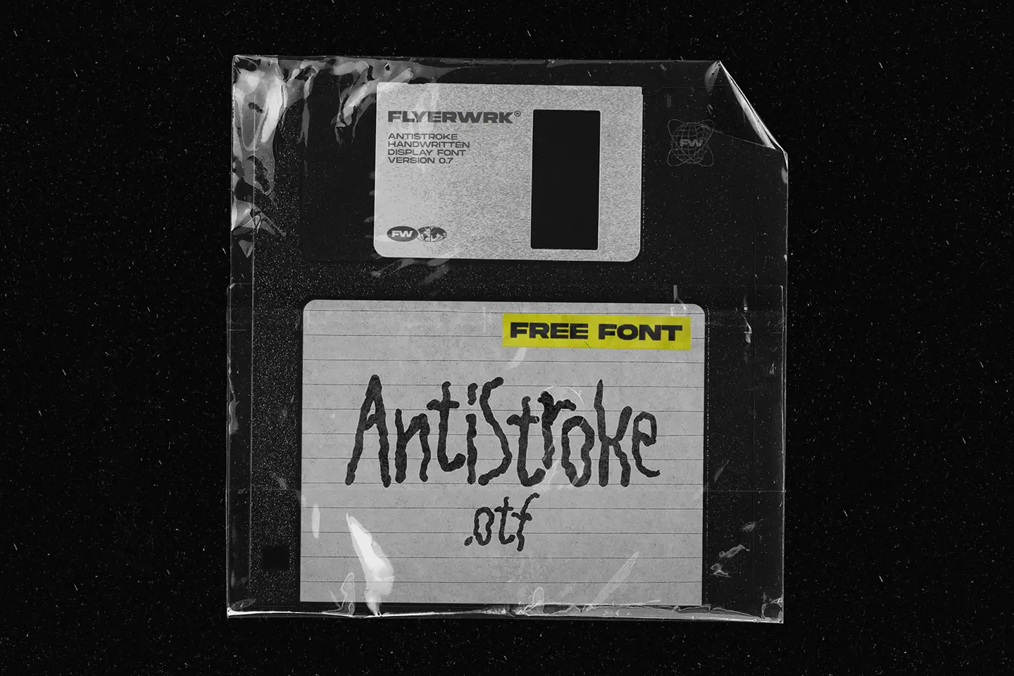 Retro floppy disk mockup featuring the AntiStroke handwritten font in an old school plastic sleeve