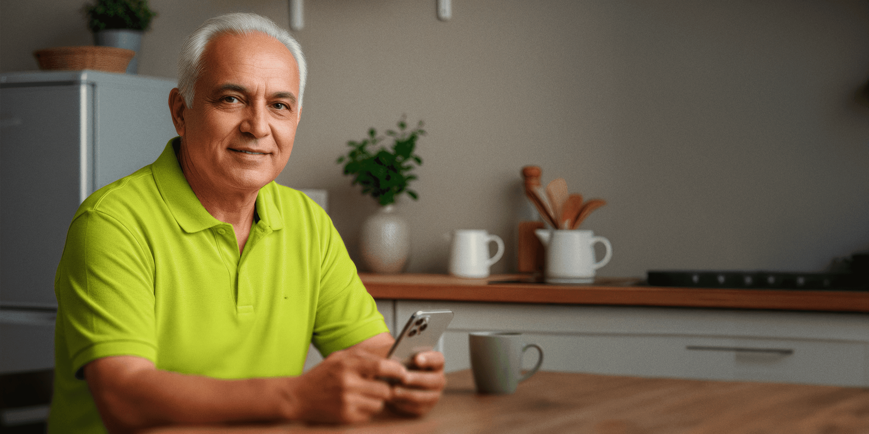 Senhor usando um iphone na cozinha