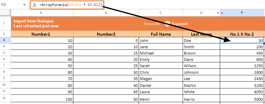 =ArrayFormula(A3:A12 * B3:B12)