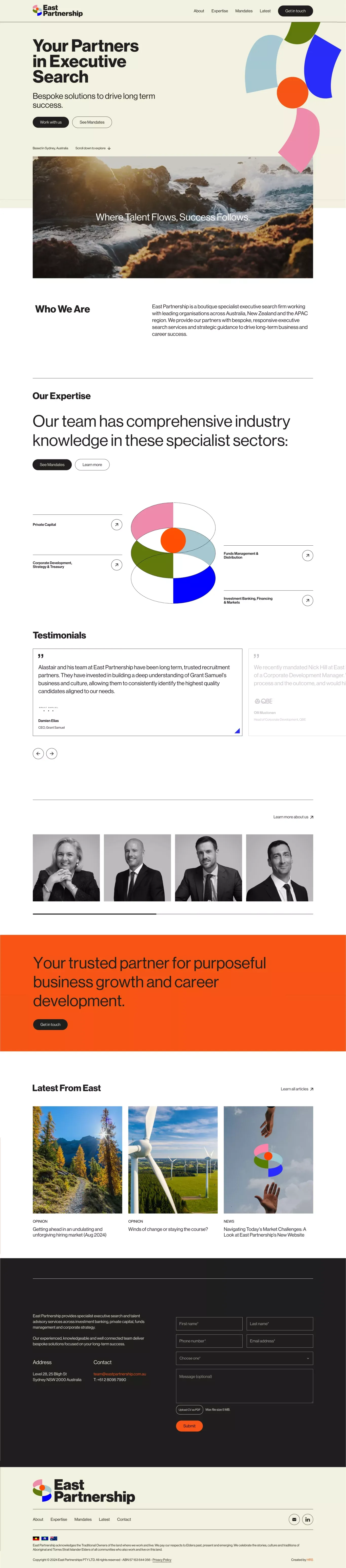 East Partnership - Your Partners in Exec landing page screenshot showcasing HR design