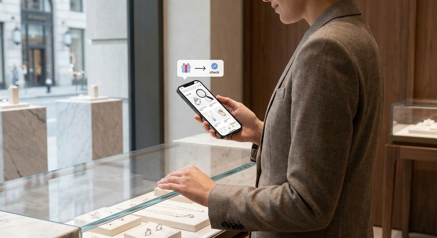 A professional lifestyle image of a shopper browsing luxury jewelry on a mobile ecommerce site while receiving a personalized