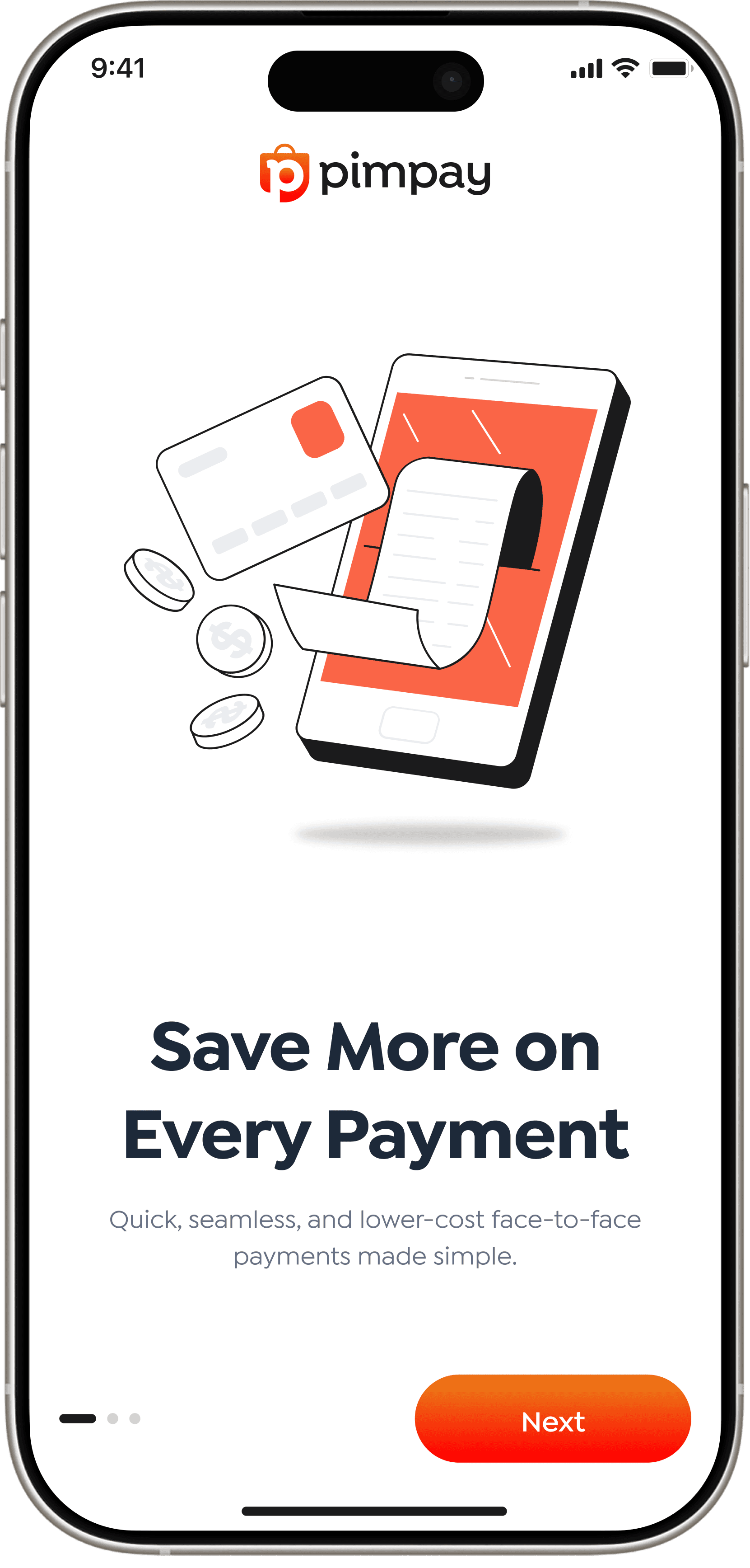PimPay promo banner with phone illustration and text urging merchants to save on payments instead of enriching banks