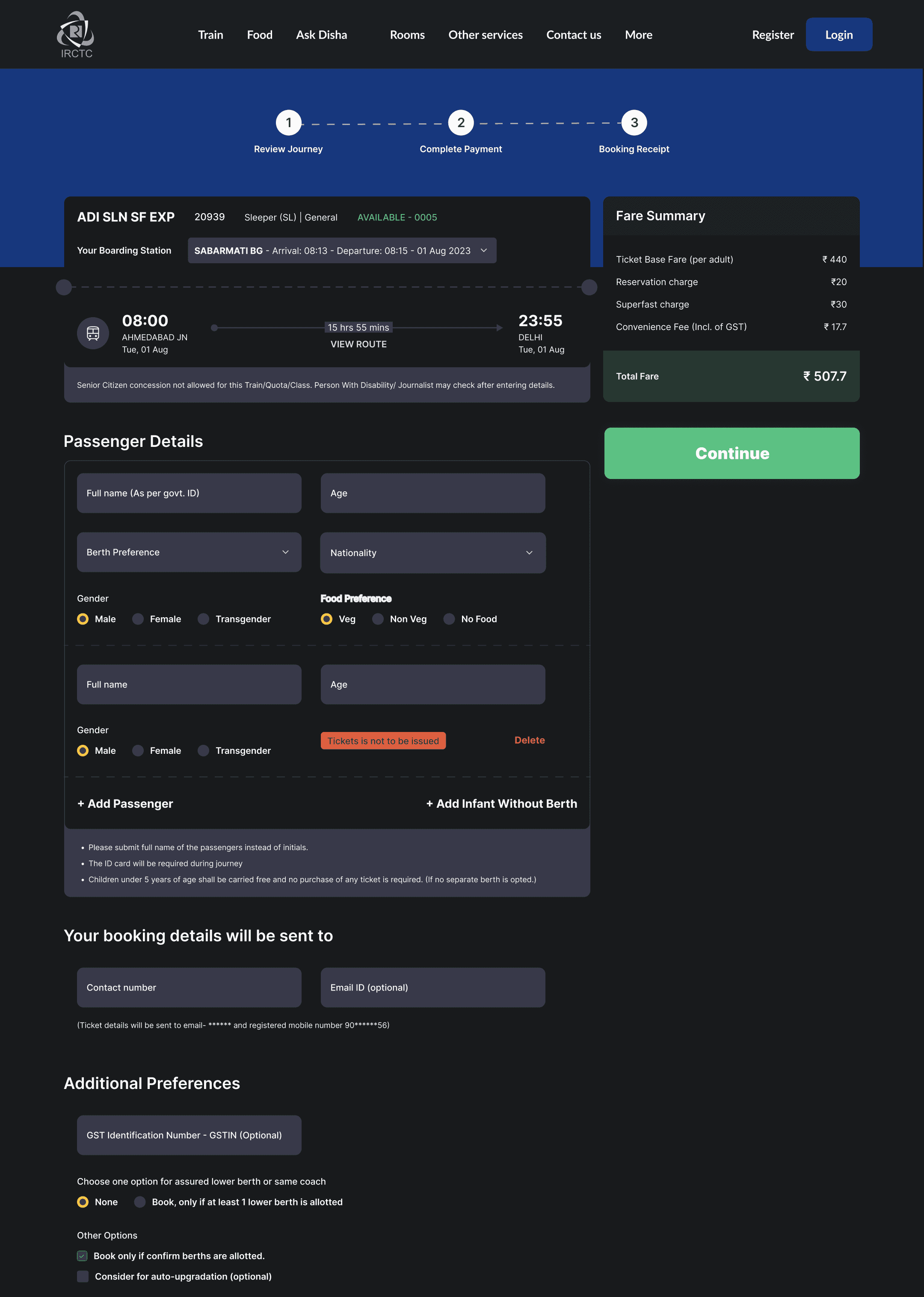IRCTC after, payment page