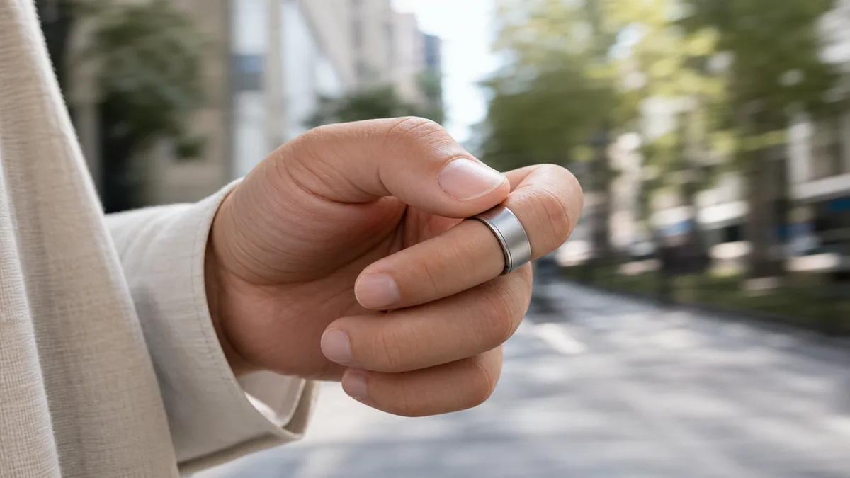 Thumb tapping a silver smart tasbih ring during a daytime walk on a softly blurred street