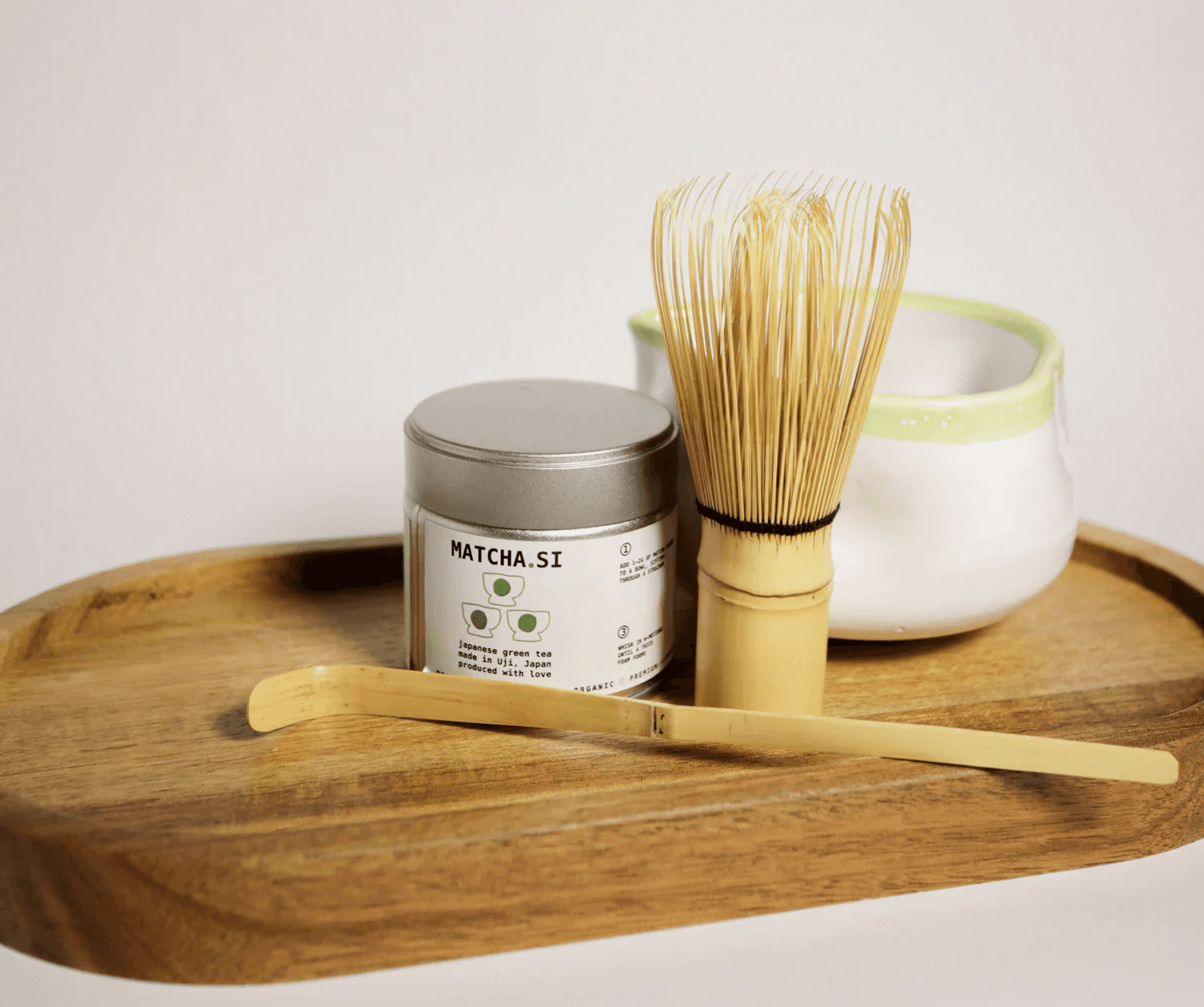 Matcha box of Matcha.si brandand equipment standing on top of a stand