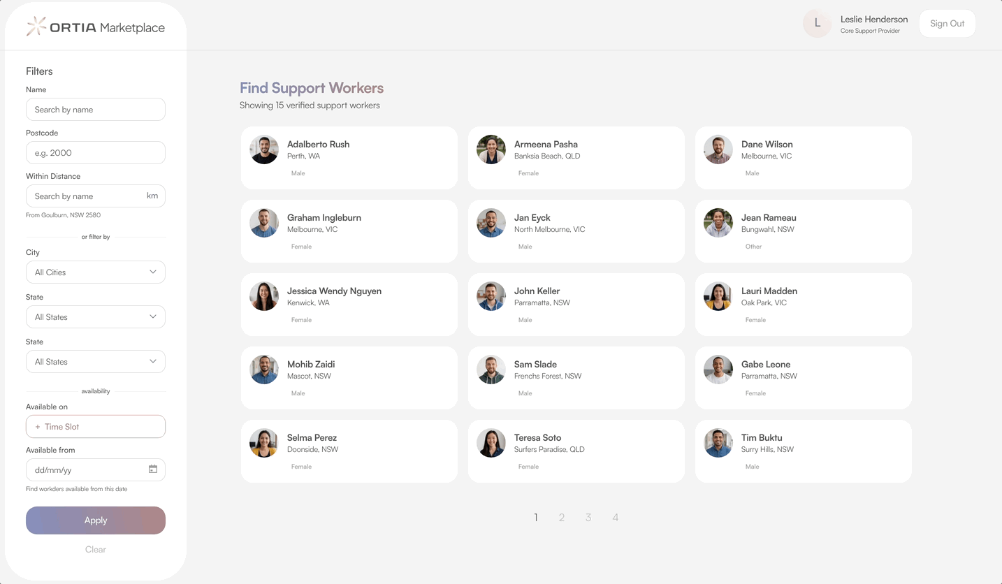 A hand holding a smartphone displaying an app interface, surrounded by icons representing the five core features of ORTIA; onboarding, rostering, tracking, invoicing and auditing