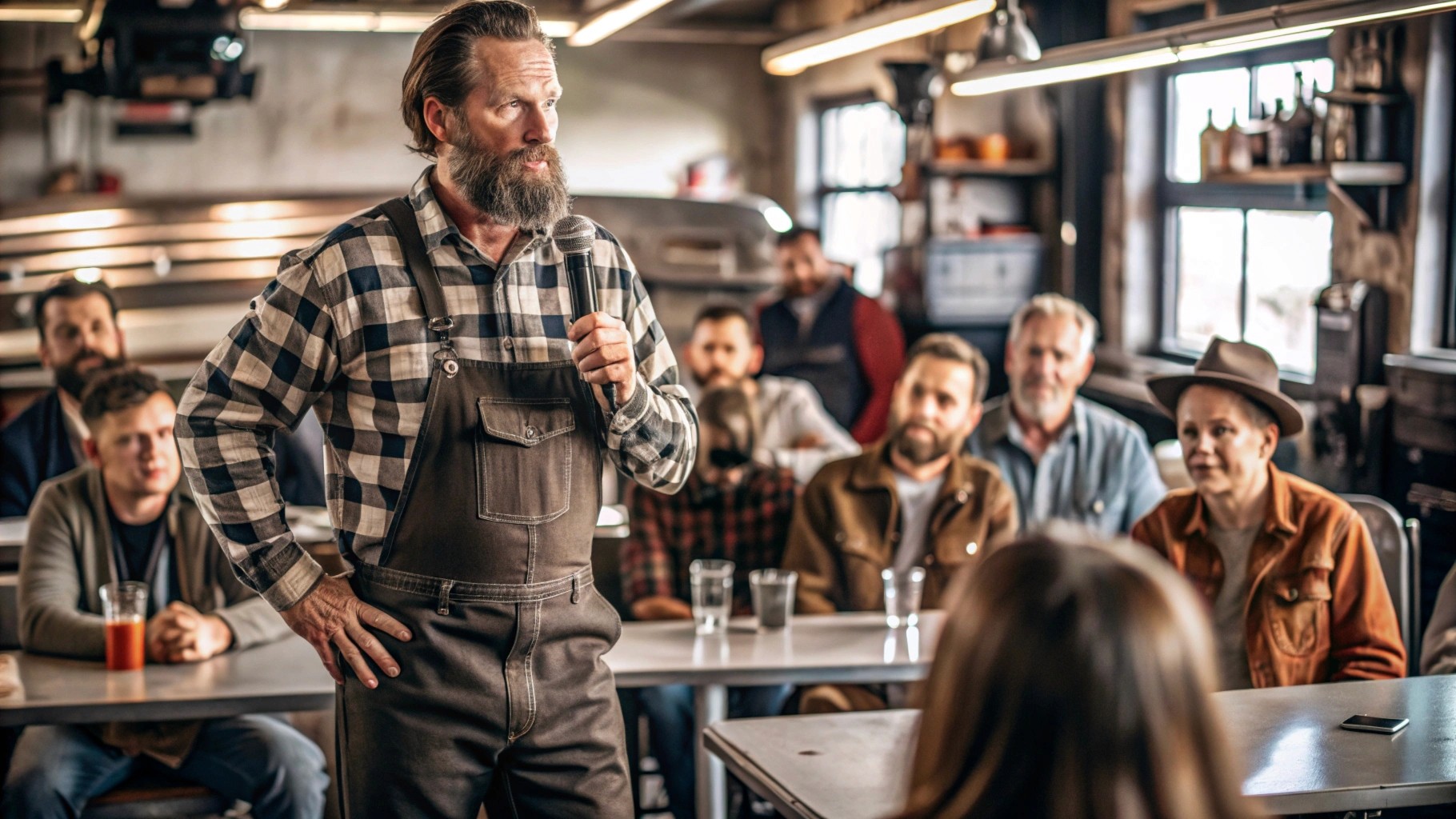 Jack, 45 yo mechanic stands in the diner speaking to the crowd