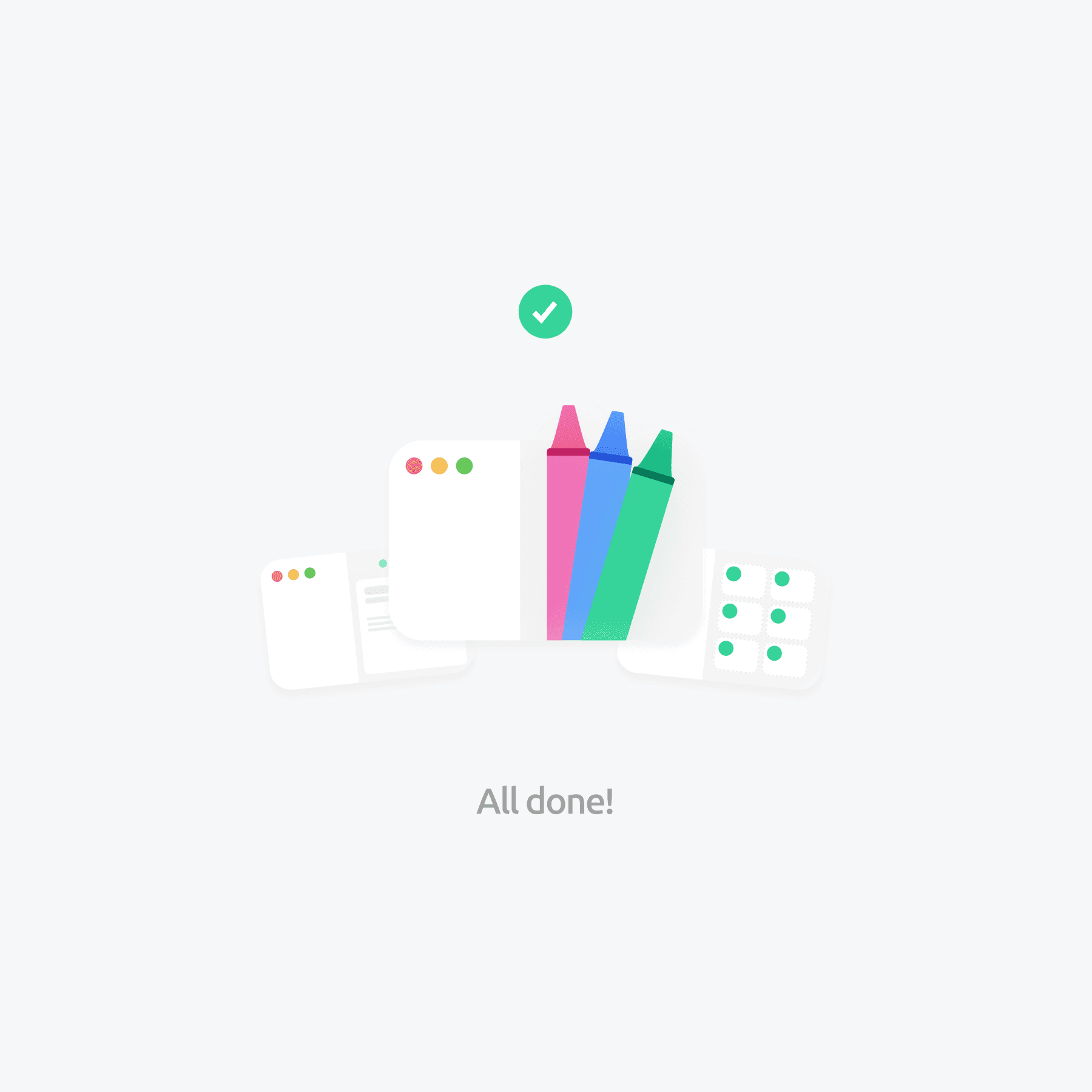 Illustration of colorful crayons displayed on a digital interface with a green checkmark above, symbolizing task completion, accompanied by the text "All done!" below.