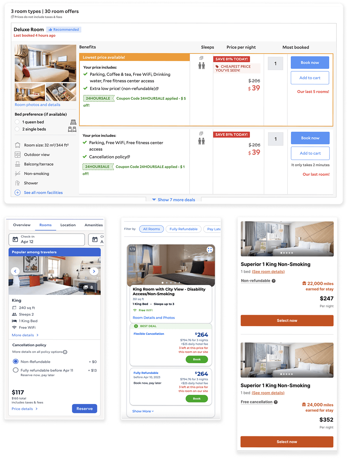 A selection of screenshots of the room selection experience taken from direct competitors.
