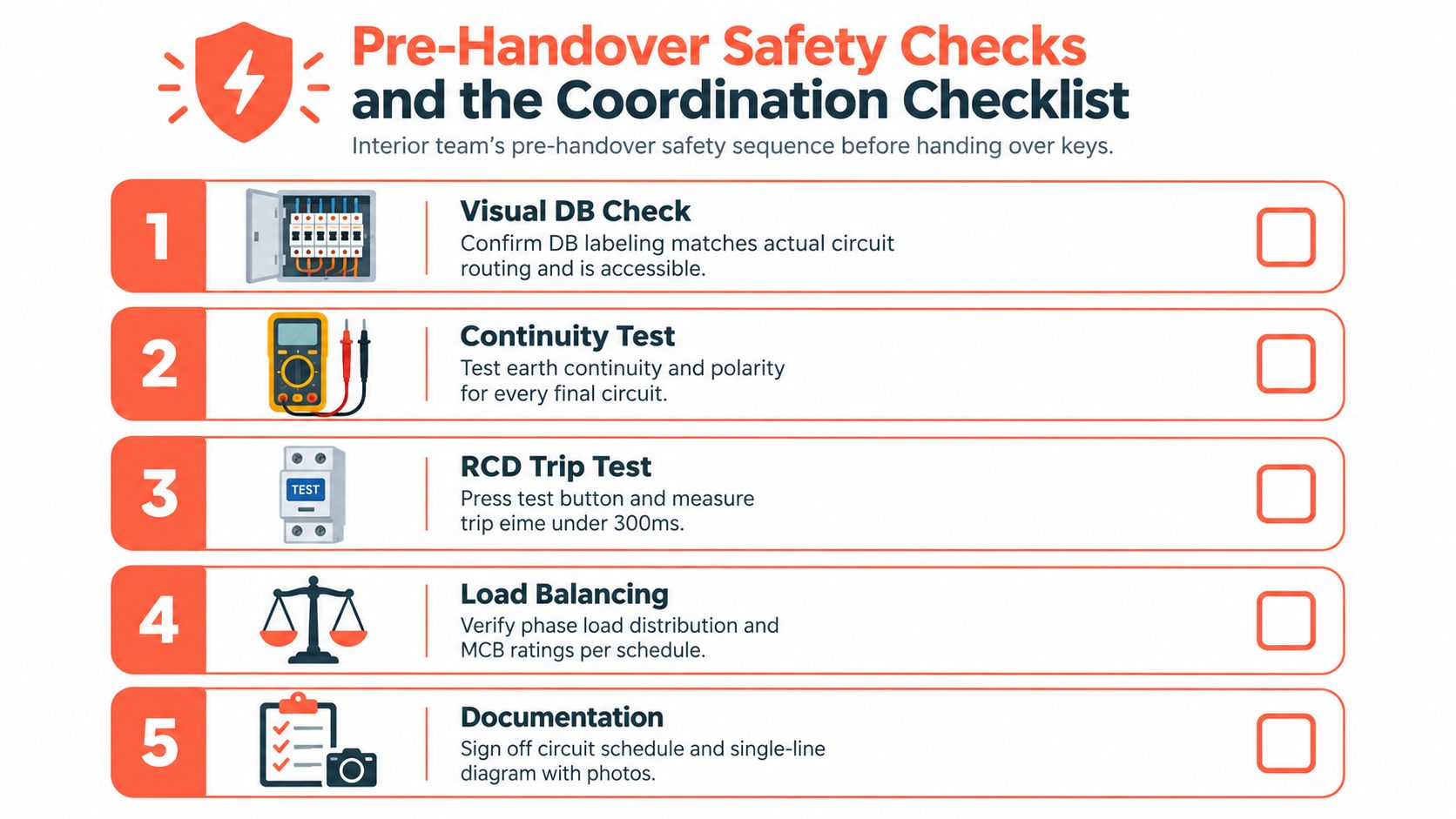 A checklist infographic outlining five essential safety steps for electrical pre-handover inspections and coordination.