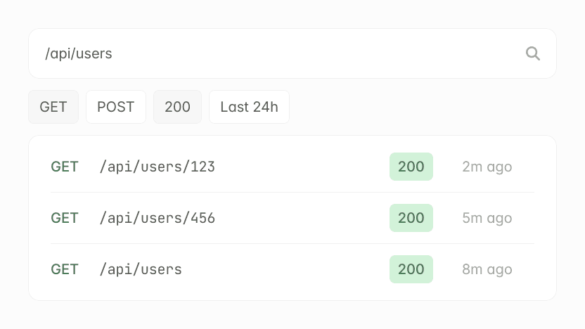 API request logs: GET requests to /api/users and specific user IDs with 200 status codes.