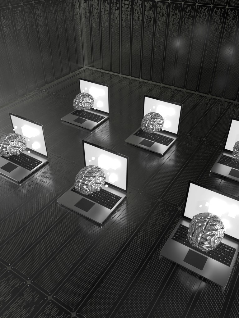 A conceptual digital artwork depicting multiple laptops with 3D metallic brains emerging from their screens, symbolizing artificial intelligence, machine learning, and advanced computing in a futuristic and technological setting.