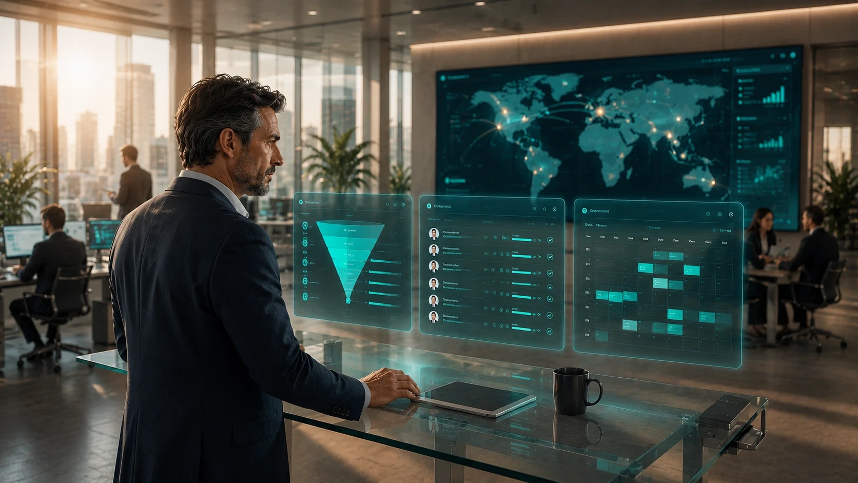 A sales executive stands at a glass workstation in a modern corporate office, using an AI-powered outbound lead generation platform displayed as transparent holographic dashboards. The interface features a sales funnel, prospect lists, outreach workflows, campaign scheduling, and performance analytics, while a large digital world map highlights global business connections and target markets. Colleagues collaborate in the background, emphasizing AI-driven sales automation, lead qualification, and international business development in a premium enterprise environment.