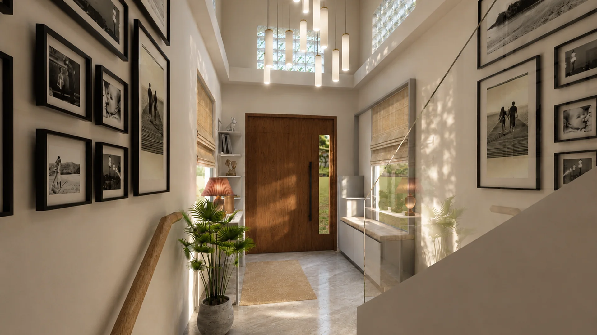 Bright double-height entrance hall with a wooden front door, framed artwork, indoor plants, and pendant lighting.