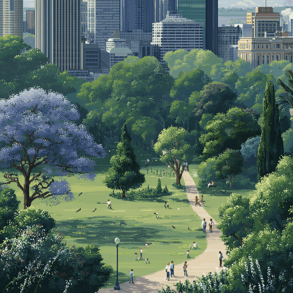 Pixel art of park in city with trees.