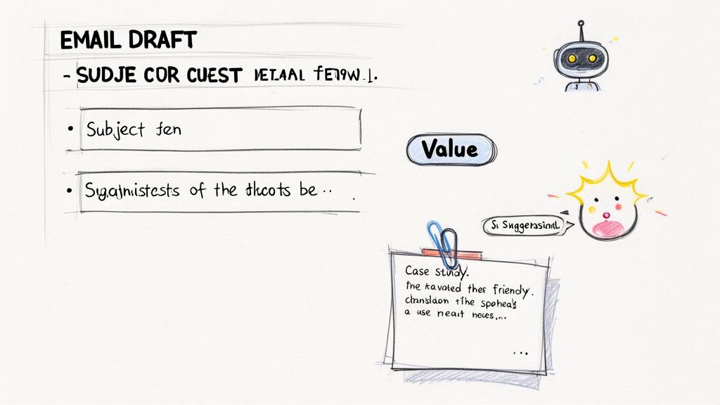 A hand-drawn sketch of an email draft with subject, body, a robot, value, and suggestions.
