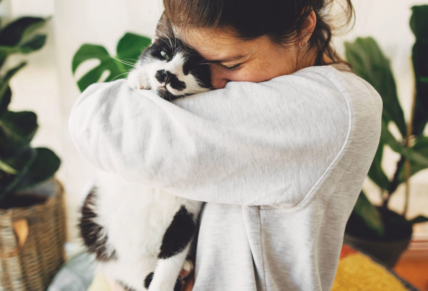 woman hugging cute cat