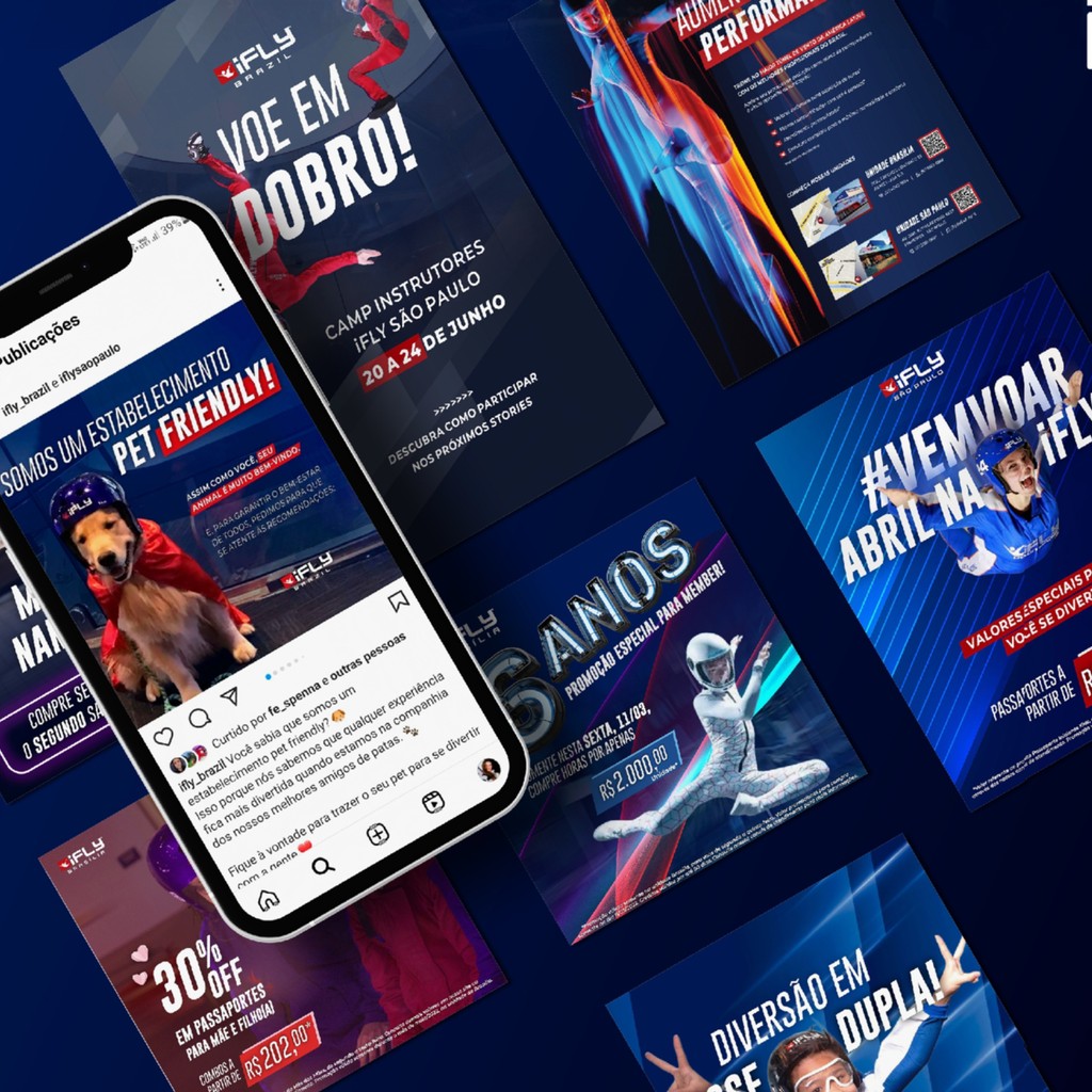 Social media campaign for iFly Brazil, showcasing engaging visuals and dynamic content that highlights the thrill of indoor skydiving, aimed at attracting adventure enthusiasts and enhancing brand awareness.