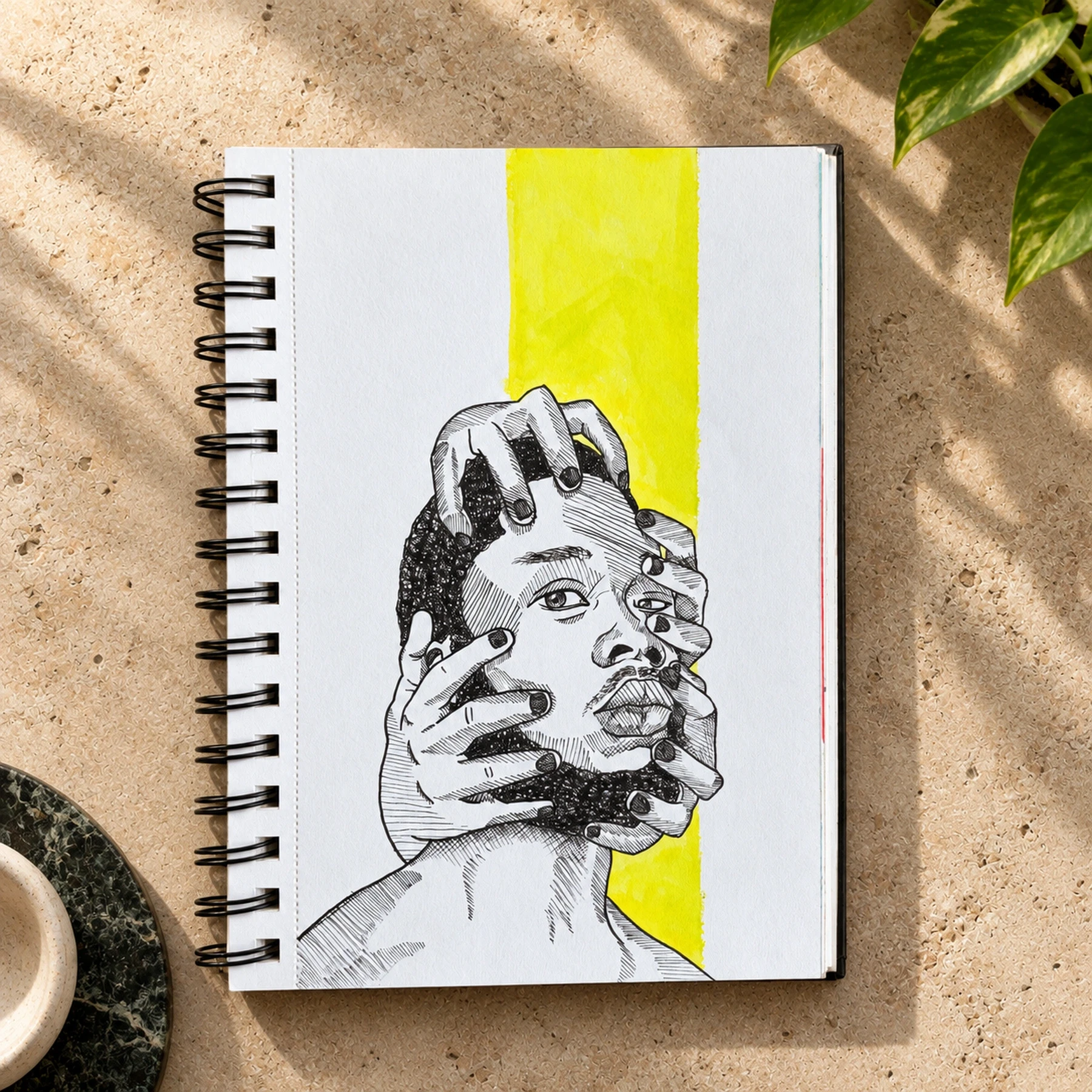 Drawing of a face surrounded by hands against a yellow stripe.