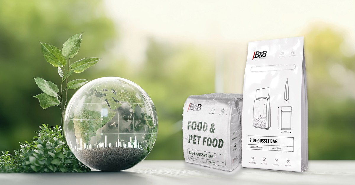 Nachhaltige Verpackung für Lebensmittel & Tiernahrung mit Globus und Natur Hintergrund