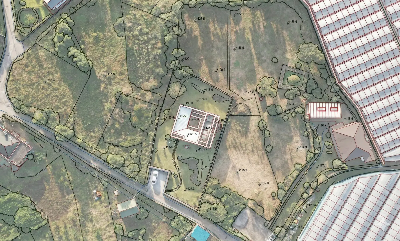 Aerial drone survey map showing residential property lines, topographic elevations, and CAD data overlay