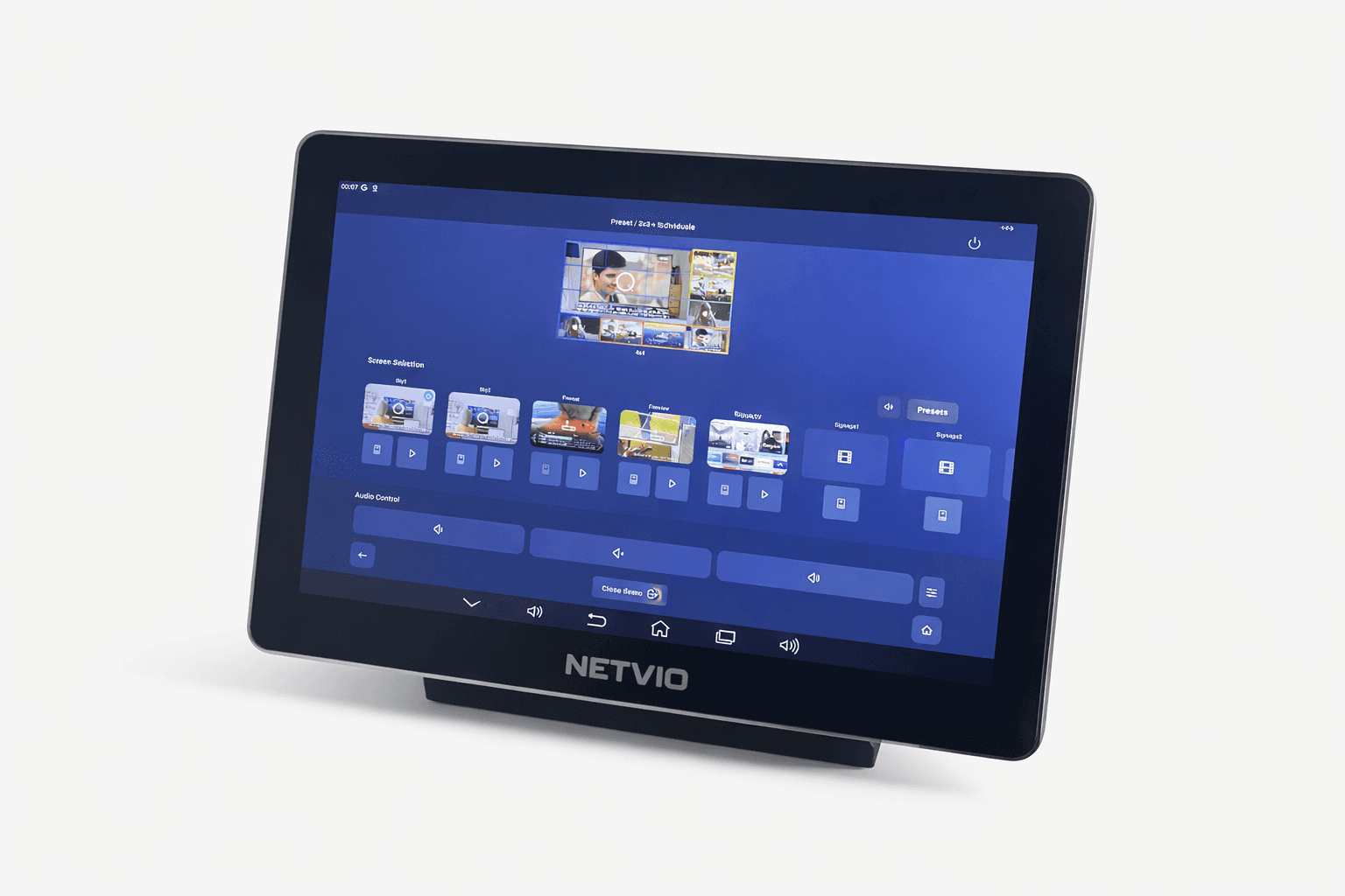 NETVIO tablet displaying screen selection and audio controls.